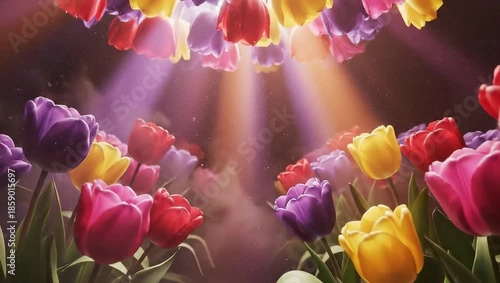 Vibrant Tulip Garden Bathed in Ethereal Light and Gentle Mist.