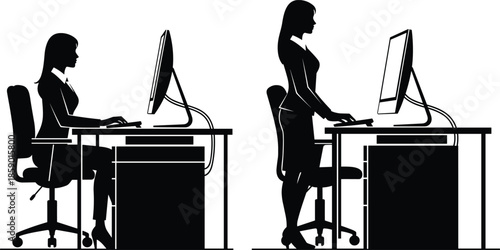 Business woman office ergonomics silhouette set, female employee working at desk in sitting and standing positions, professional workspace posture vector illustration for health,