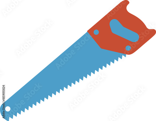 Hand Saw Vector Graphic Illustration with Red Handle and Blue Blade on White Background
