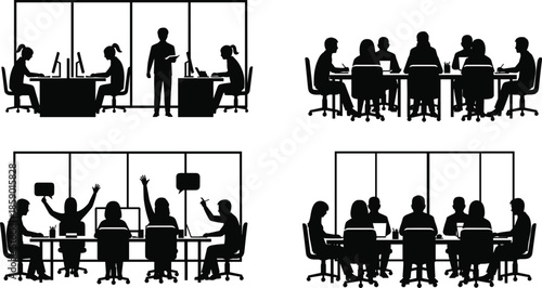 Business, office, meeting, coworkers, teamwork, collaboration, professional, workspace, silhouette, people, working, team, group, set, vector, illustration, 
