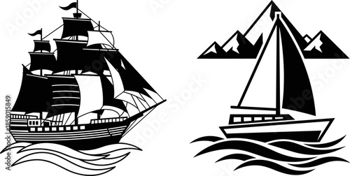 Vintage sailing ship and modern sailboat in mountain landscape vector illustration, nautical maritime travel line art for sea adventure design