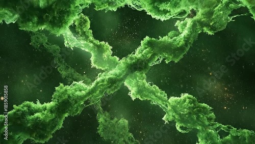 Green DNA-like structures illuminated by light rays in a dark, ethereal environment.