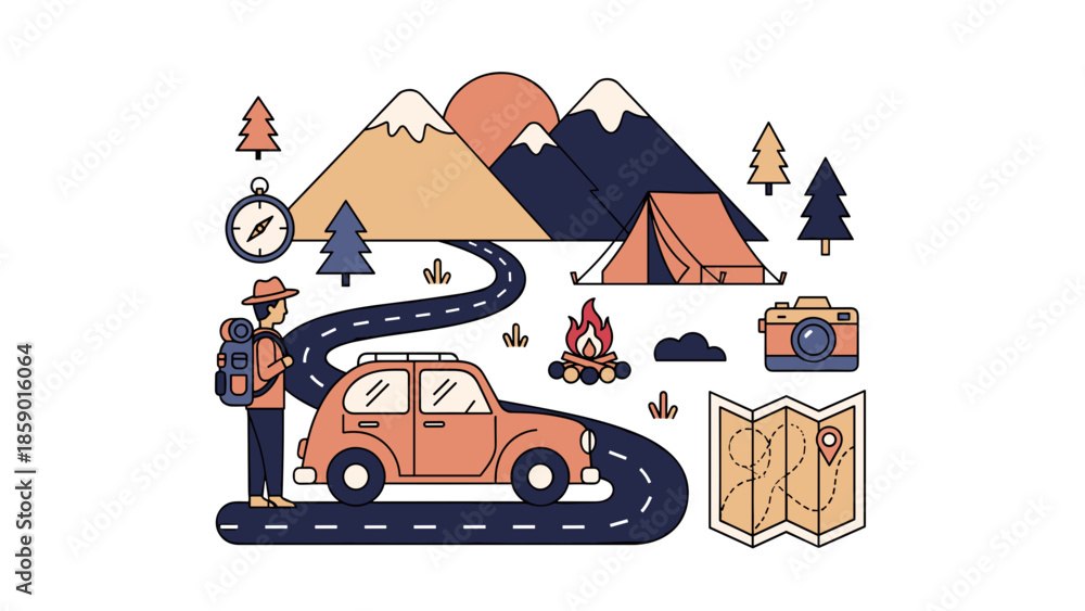 Naklejka premium Adventurous traveler exploring the scenic mountain landscape with car and map.
