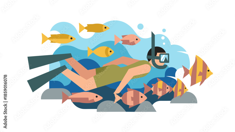 Obraz premium Cartoon illustration of a person snorkeling with colorful fish underwater.