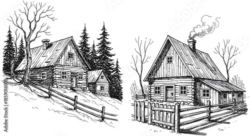 Vintage rustic wooden log cabin in forest mountain landscape vector illustration, traditional rural house line art for cozy countryside design