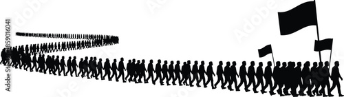 Large Crowd of People Marching Silhouette Vector, Political Rally, Protest Demonstration, Unity Movement, Group of Citizens with Flags