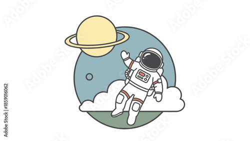 Astronaut floating in space near planet with rings and clouds.