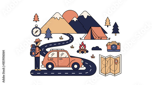 Adventurous traveler exploring the scenic mountain landscape with car and map.