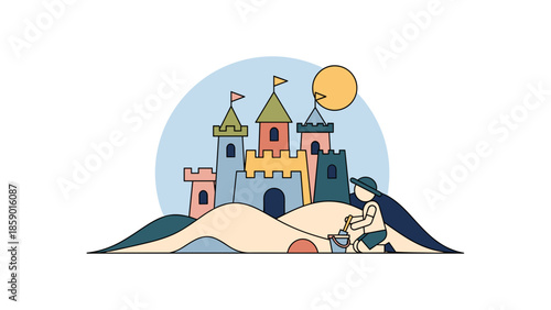 Colorful illustration of a sandcastle with a child playing nearby on a sunny day.