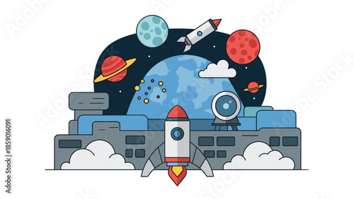 Colorful illustration of a rocket ship launching into space with planets.