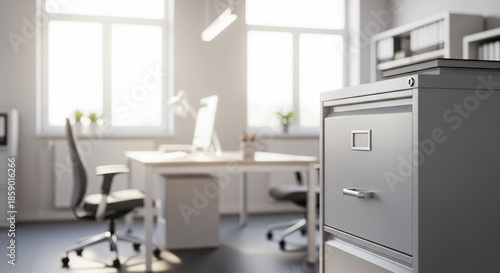 Bright and modern office space with desks, chairs, and filing cabinets, ideal for remote work or corporate settings