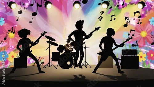Rock band performing live on stage with musical notes floating around.