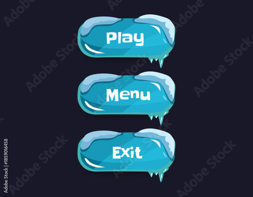Game menu buttons interface with freezing ice texture. play, menu, exit game button UI design. vector
