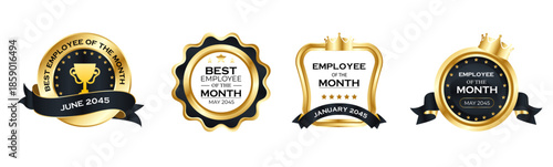 Set of Employee of the month badges with ribbons. Black and gold badges appreciation, award. vector