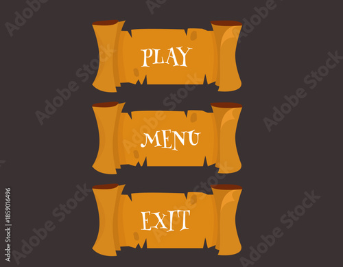 Game menu buttons interface with tree bark texture. play, menu, exit game button UI design. vector