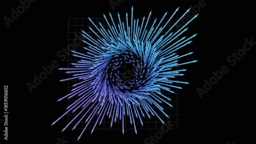 Abstract swirling blue and purple lines forming a vortex on a dark background with a subtle grid.
