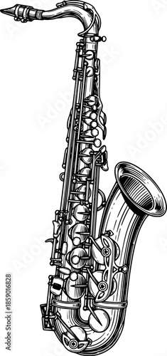 Black and White Saxophone Illustration in Vintage Engraving Line Art Style for Jazz Poster, Music Branding, Logo, T Shirt Design, and Decorative Artwork