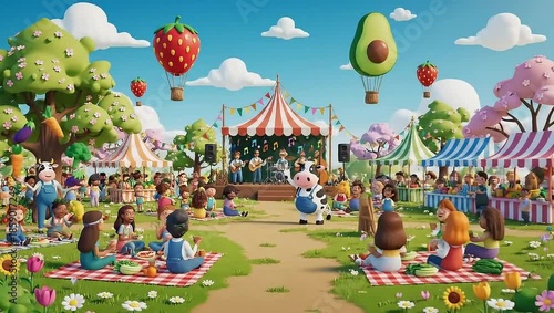A vibrant vegan festival with cartoon characters enjoying food and music.