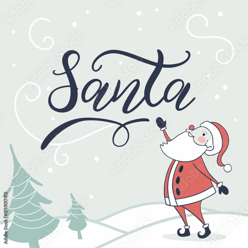 Festive santa claus illustration with winter landscape and decorative swirls