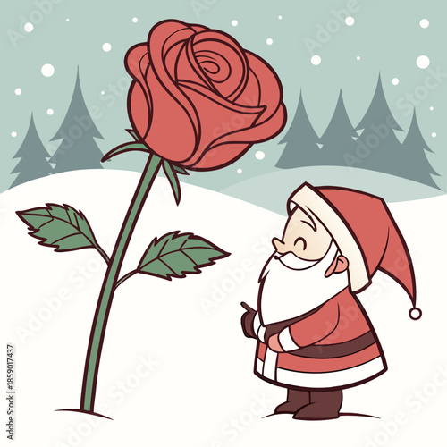 A festive illustration of santa claus admiring a large red rose in winter