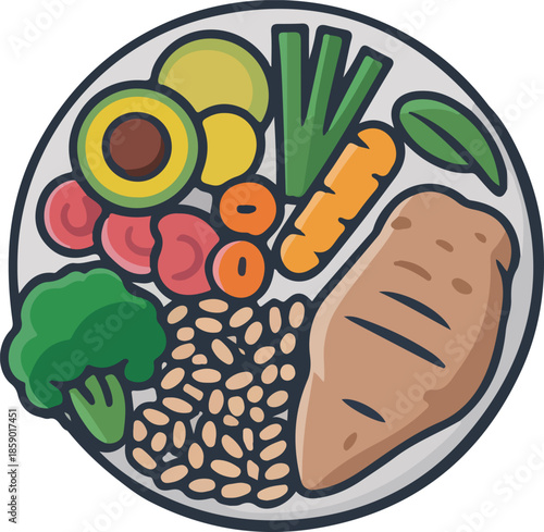 Healthy Meal Vector Graphic Illustration of Balanced Diet with Fresh Vegetables and Protein Sources