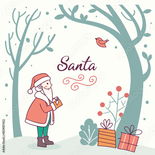 Santa claus standing under trees with gifts and a little bird