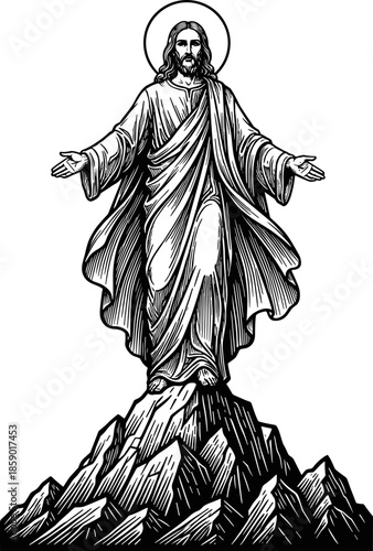Jesus Christ standing on mountain top with open arms vector illustration, religious biblical savior line art for Christian spiritual design
