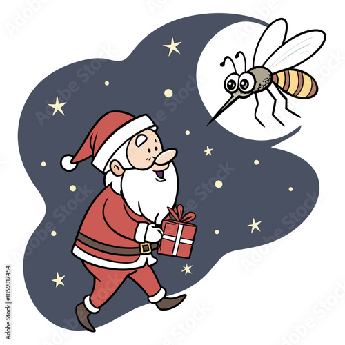 Santa claus with a gift is bothered by a buzzing bee at night