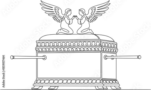 Ark of the Covenant with golden cherubim angels vector illustration, religious biblical sacred artifact line art for Christian theology design
