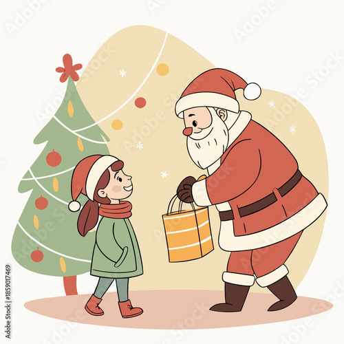 Santa claus gifting a present to a smiling young girl during christmas