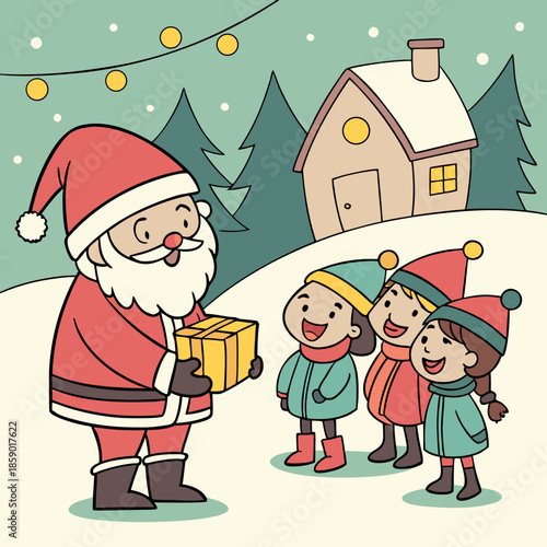 Santa claus gifting presents to happy children in a winter landscape