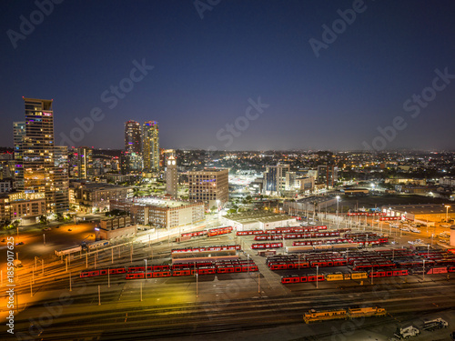 Trolley Depot in San Diego at night, drone view