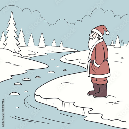 Santa claus standing near a frozen river in a snowy winter landscape
