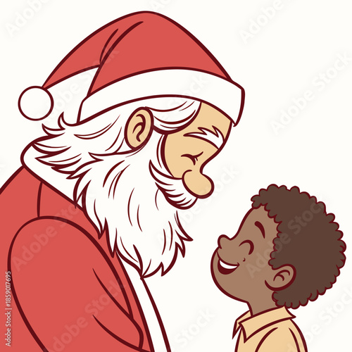 Santa claus and a young boy share a heartwarming and joyful moment together