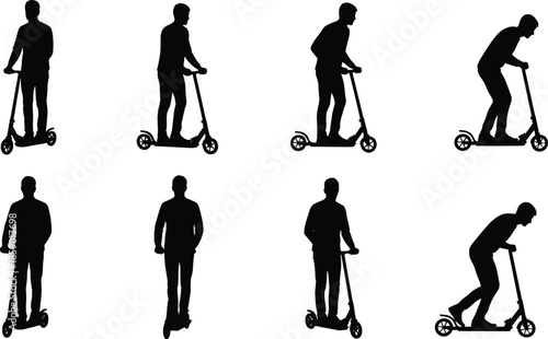 Men riding kick scooters and electric stand-up scooters, modern urban transportation and city commuting, black silhouette vector set.