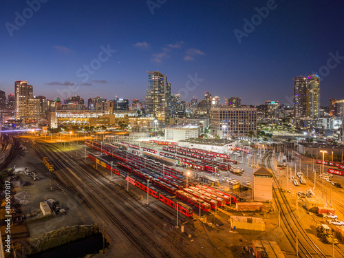 Trolley Depot in San Diego at night, drone view