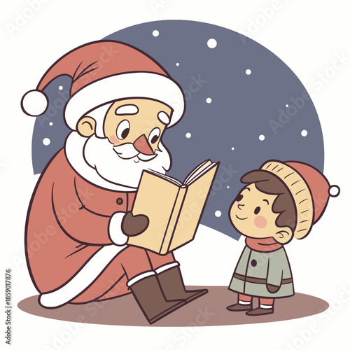 Santa claus reading a story to a young child on a winter night