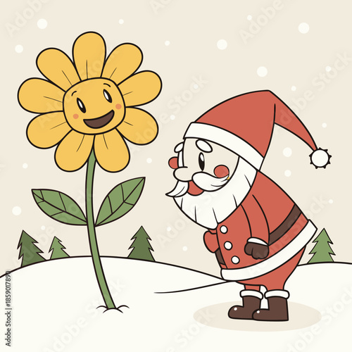 Santa claus curiously smells a bright yellow sunflower in a winter landscape