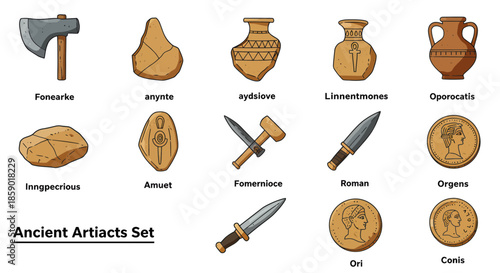 Detailed vector collection of ancient historical artifacts, including diverse tools, weapons, pottery, and currency, showcasing past civilizations' heritage