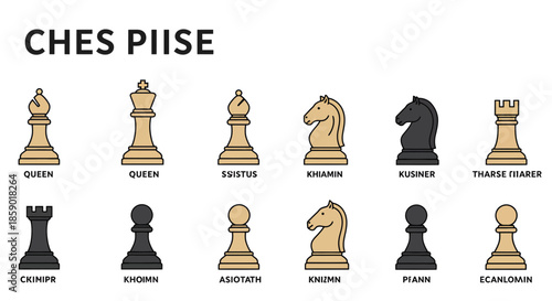 Vector illustrations of classic chess pieces, a full set in light and dark outline styles for strategic game design and digital use