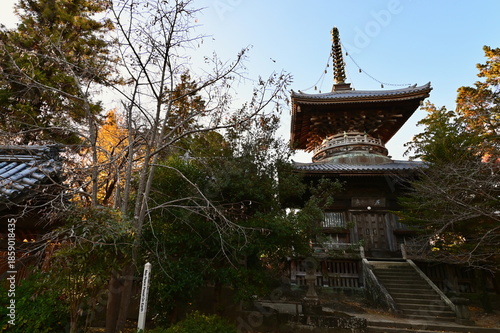 Quadro su tela Traditional Japanese Pagoda at Ryozenji Temple in Warm Sunset Light