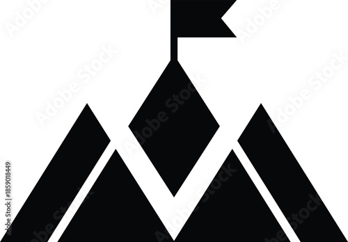 Black mountain peak with flag on white background summit achievement