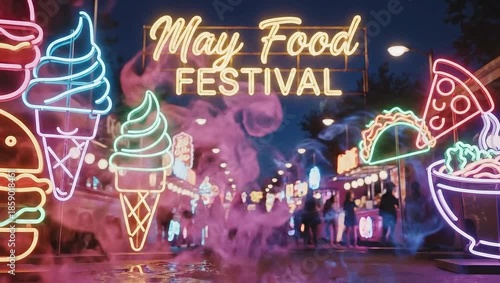 Neon Food Festival at Night with Brightly Lit Food Icons and May Food Festival Sign.