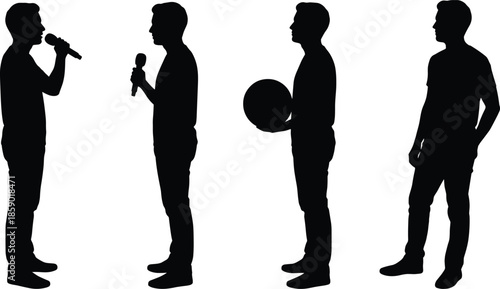 Men silhouettes standing and performing different activities illustration with microphone ball casual lifestyle poses black vector people icons isolated background