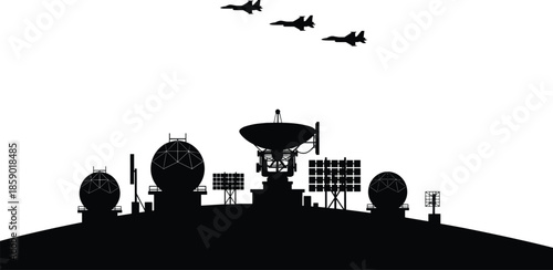 Military Fighter Jets Flying Over Radar and Communications Base Silhouette, Air Force, Surveillance, Defense Technology, Satellite Dish, Security Station Vector.