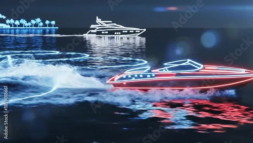 A red speedboat with glowing neon lines races across the water at night, leaving a trail of bright blue light, with a larger yacht in the background.