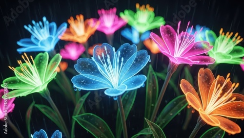 Vibrant luminescent flora blooming in a dark ethereal garden with captivating neon glow at night