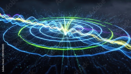 Dynamic digital energy waves pulsating through an abstract scientific visualization
