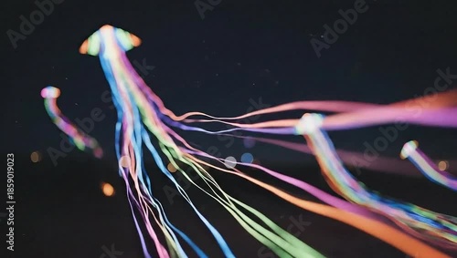 Abstract light trails moving through darkness.