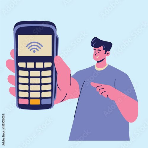 man holding payment terminal illustration